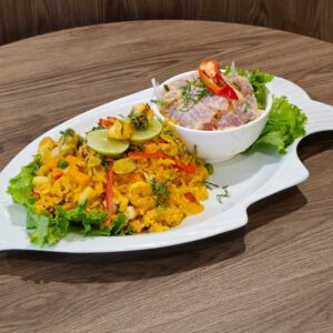 Ceviche con Arroz con Mariscos